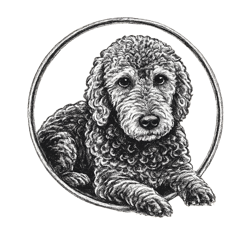 Shiloh, the studio's Airedoodle, illustrated in a circular chalk-line mark